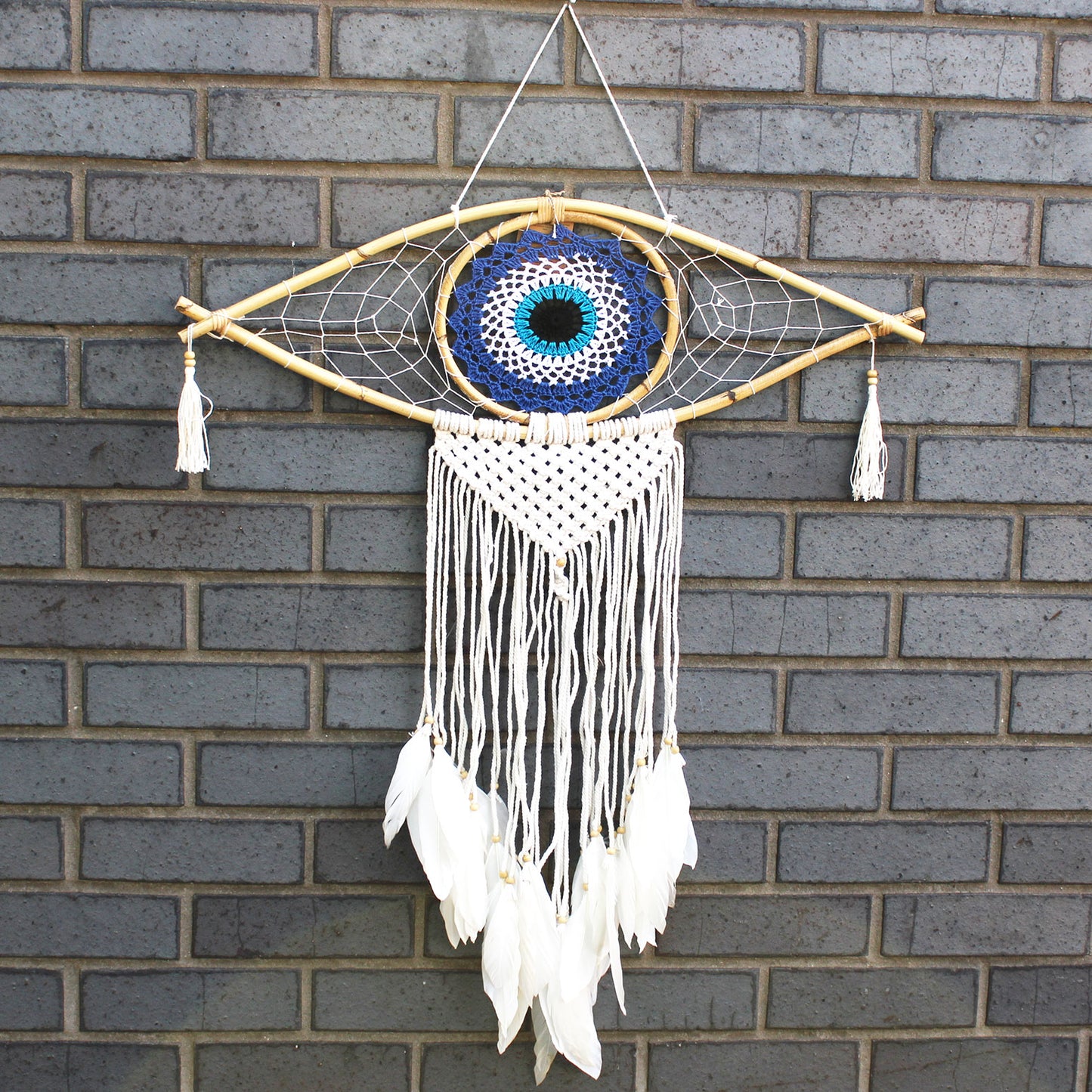 Schutz Traumfänger – große Makramee Evil Eye Blau/Weiß/Schwarz