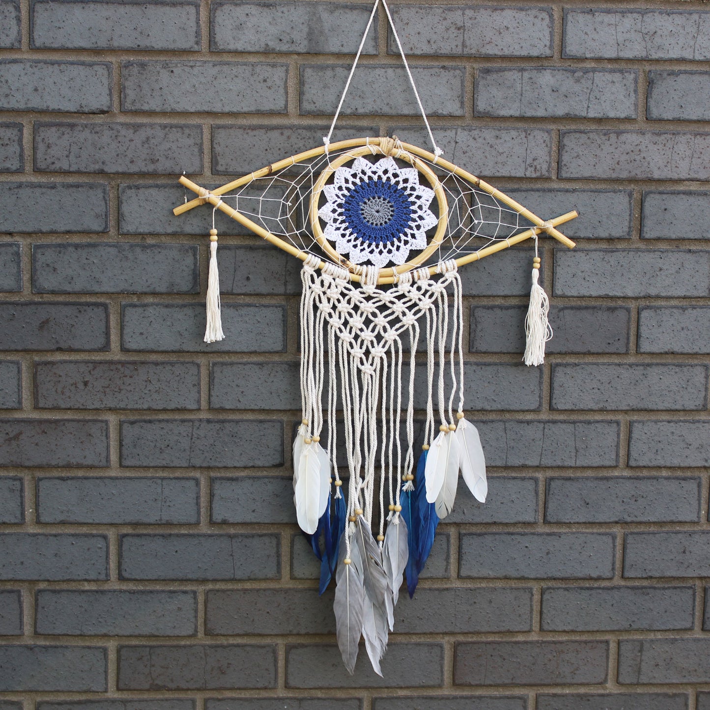 Schutz Traumfänger - mittlere Macrame Eye Weiß/Blau/Grau