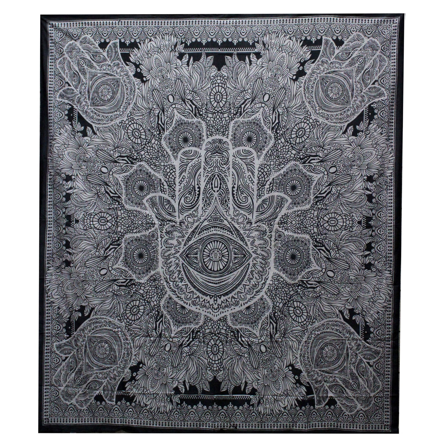 B&W Doppel-Tagesdecke aus Baumwolle + Wandbehang – Hamsa