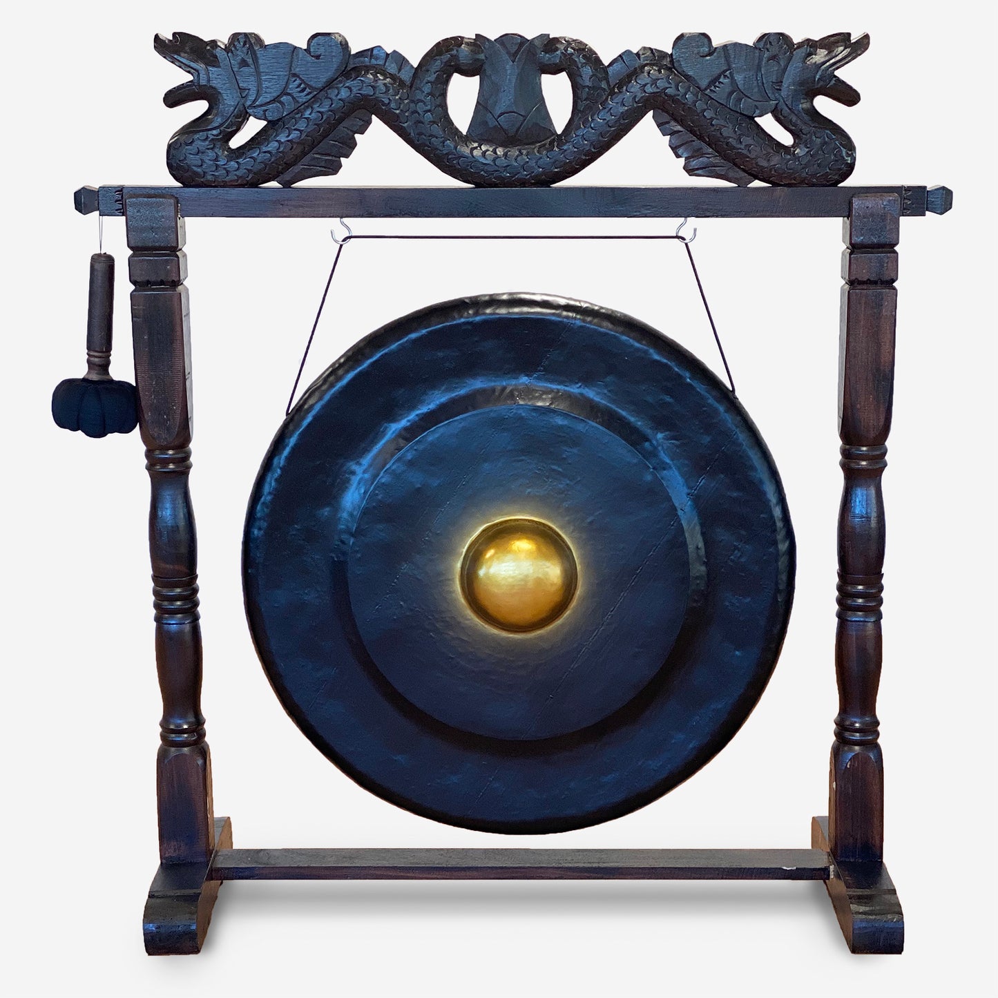 Großer Gong in braunem Antikständer – 80 cm – Schwarz