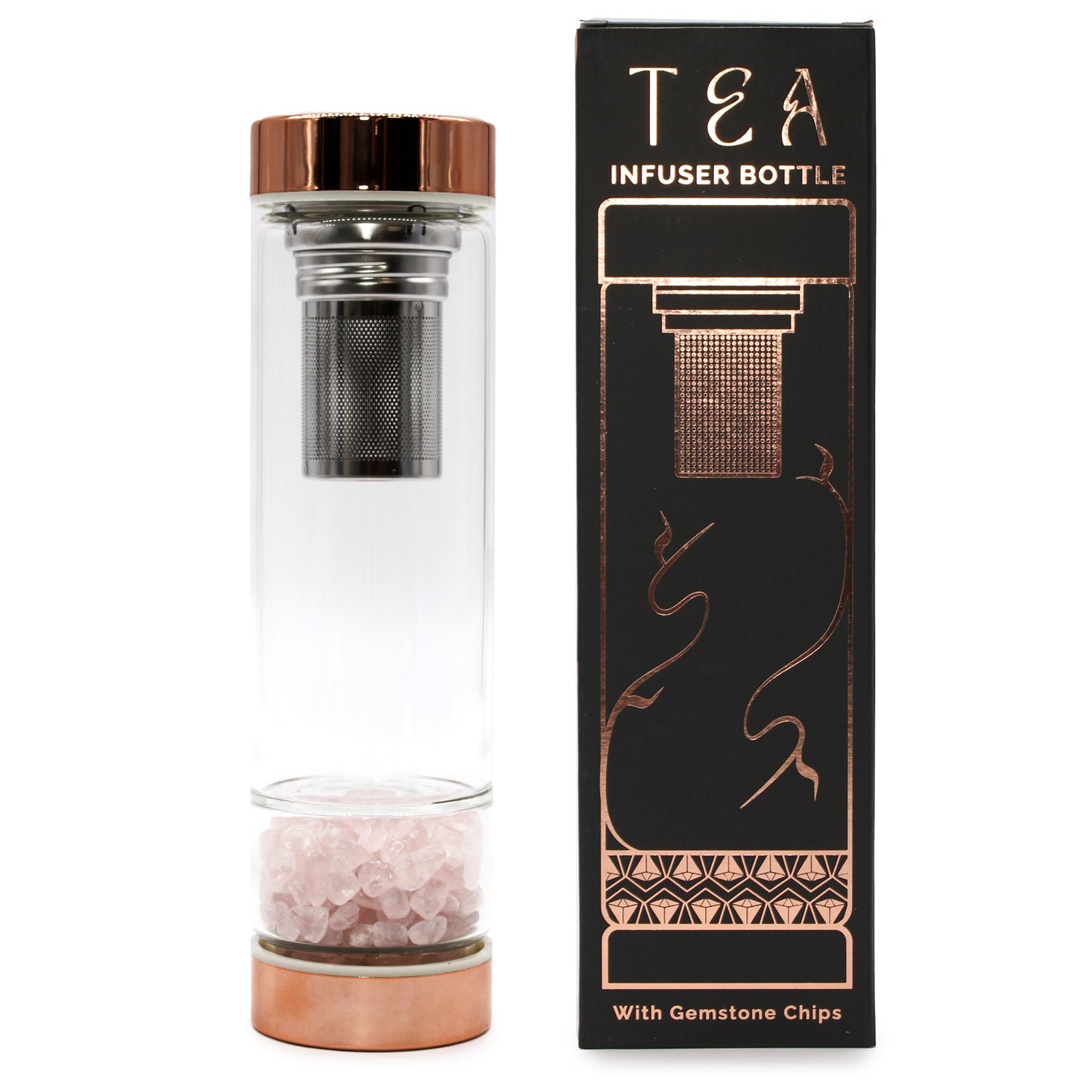 Tee-Ei-Flasche aus Kristallglas – Roségold – Rosenquarz