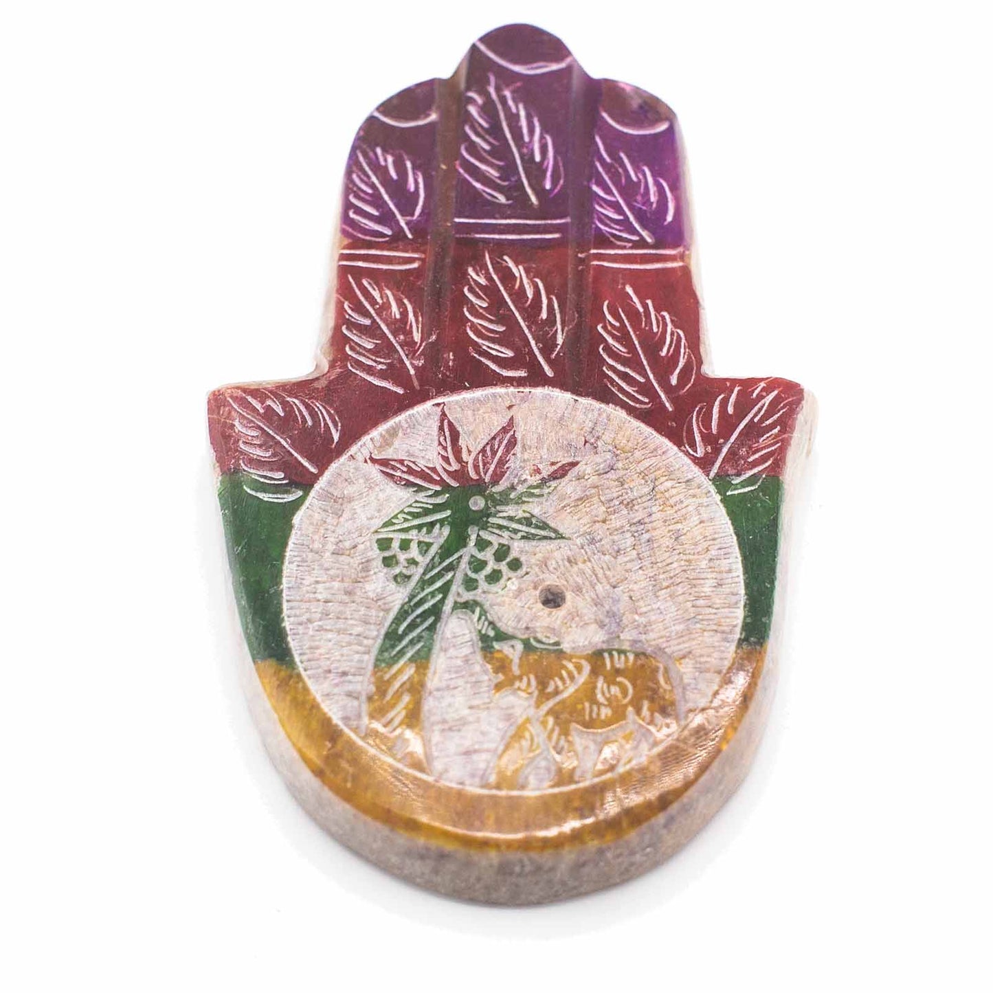 Hamsa-Räucherstäbchenhalter aus Speckstein, 9 x 6 cm – Elefant und Palme