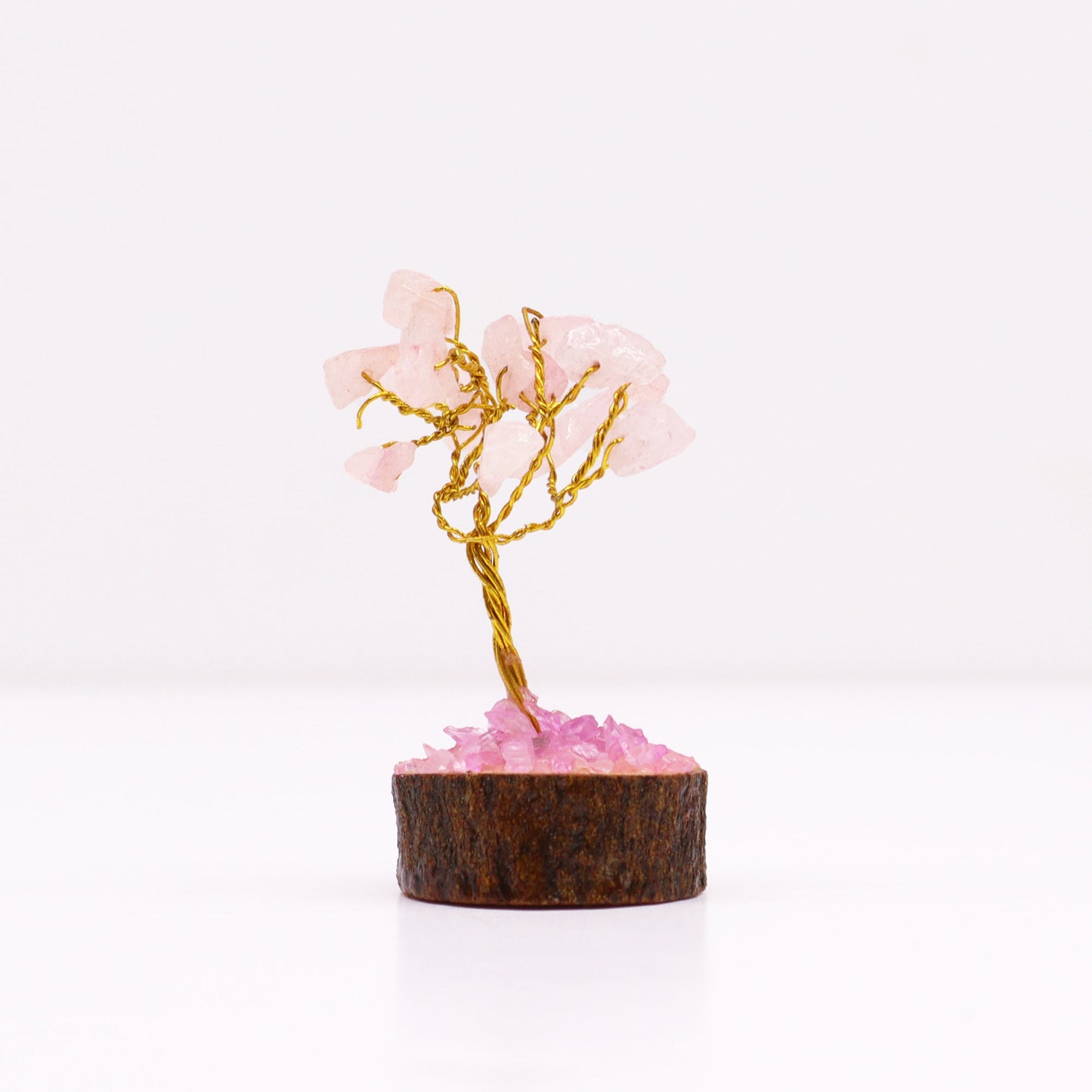 Mini-Edelsteinbäume auf Holzsockel – Rosenquarz (15 Steine)