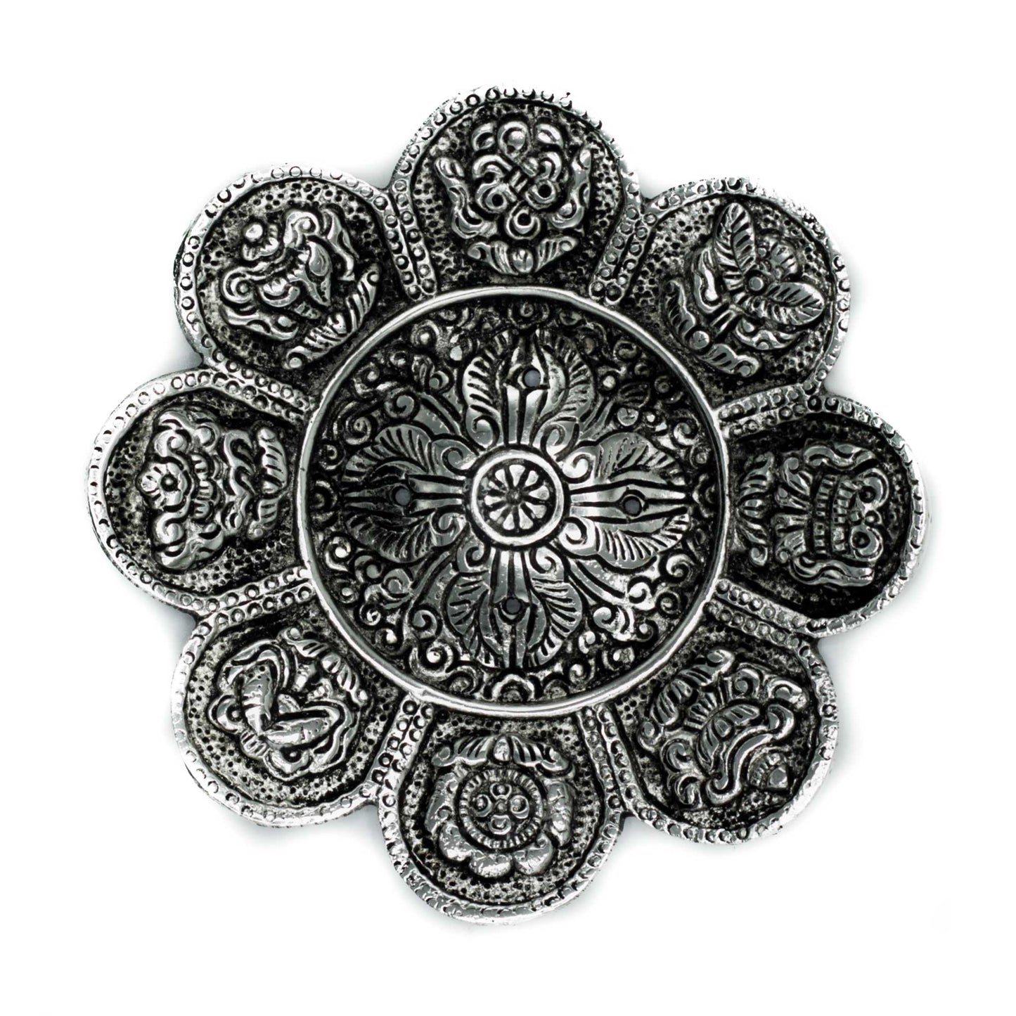 Polierter Aluminium-Räucherstäbchenhalter mit tibetischen Symbolen, 12 cm