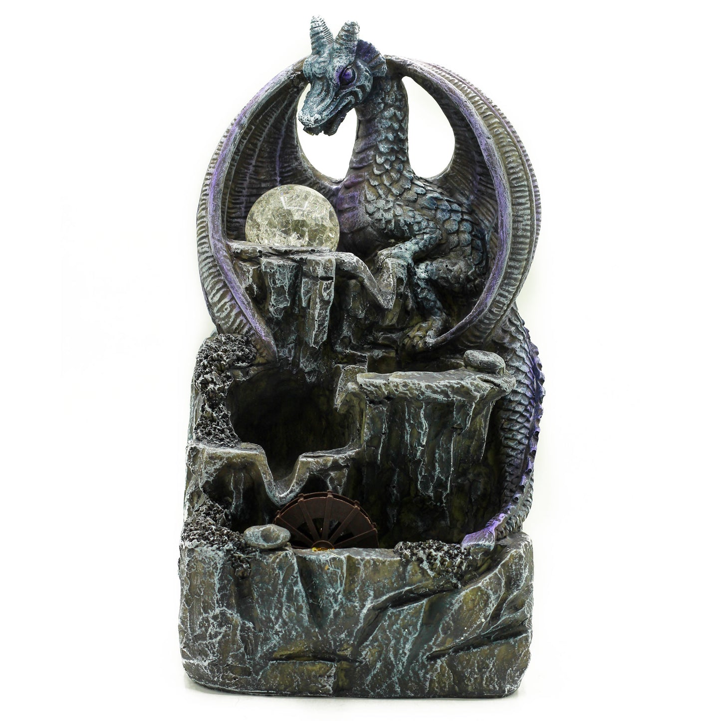 Tischwasserspiel – 35 cm – Lila Drache, Kristallkugel und Wasserrad