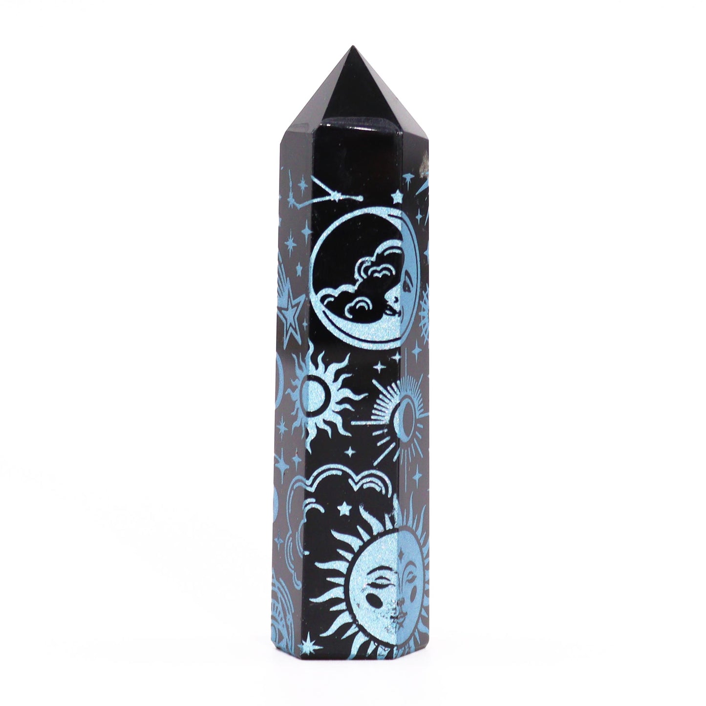 Schwarze Obsidianpunkte (ca. 60–70 g, 9 cm) – Mystic Story – Himmelblau