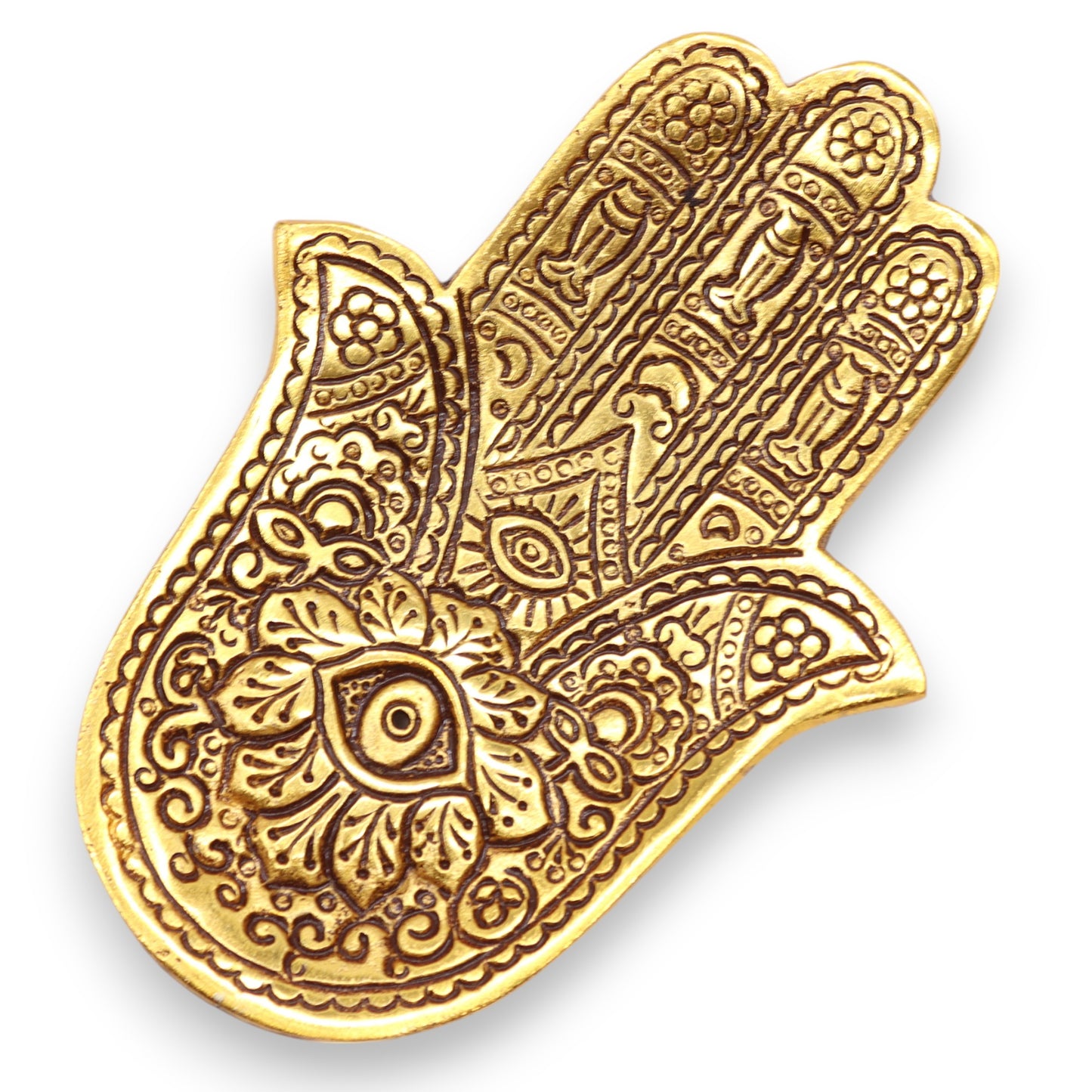 Kleiner Hamsa-Räucherstäbchenhalter aus goldenem Aluminium, 13 x 5,5 cm