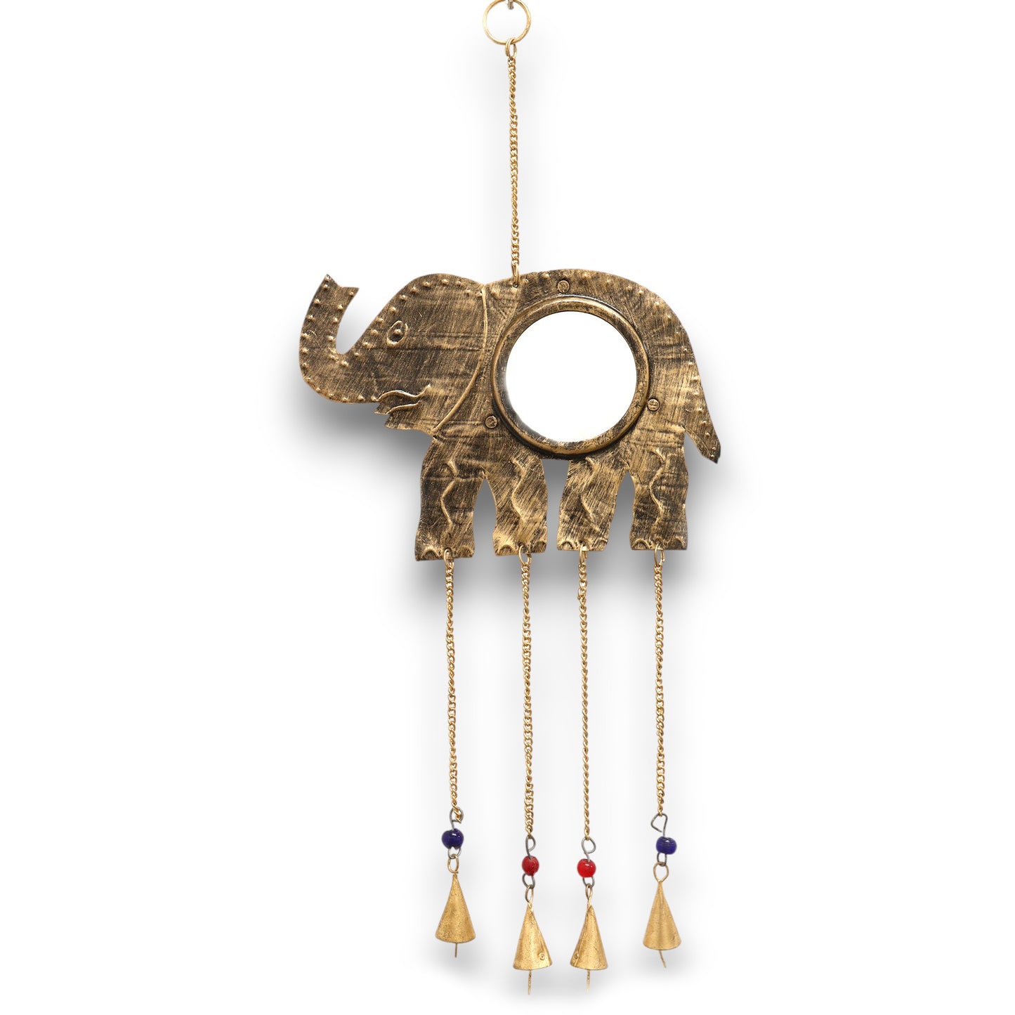 Indisches Glockenspiel – Elefant, großer Spiegel, 4 Glocken – 24 x 60 cm