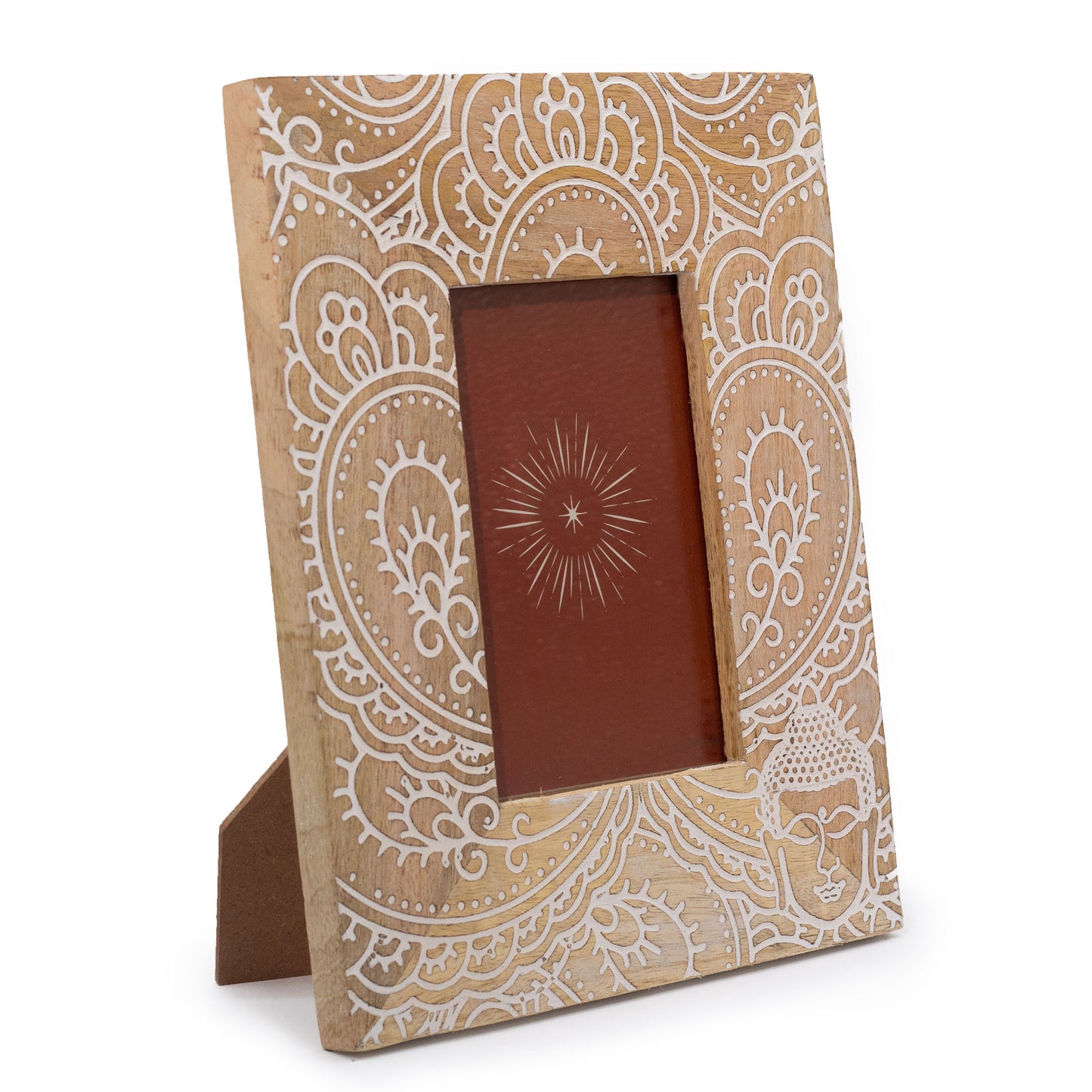 Mittlerer Mangoholz-Bilderrahmen (für 10 x 15 cm), 26 x 20 x 2 cm – Buddha – Weiß