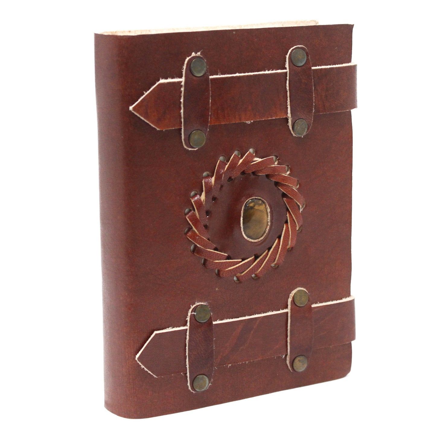Leather tiger eye notebook with belt, 15 x 10 cm