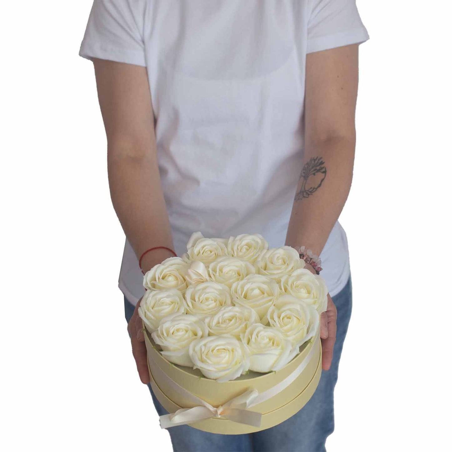 Seifenblumen Geschenks Bouquet - 14 Cream Rosen - Rund