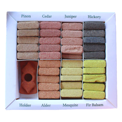Display-Set mit 70 Räuchersteinen und Brenner – 7 erdige Himalaya-Räucherstäbchen