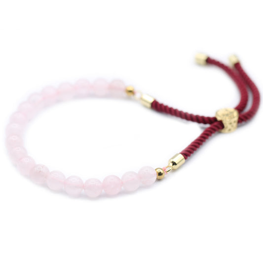 18 Karat vergoldetes Edelstein-Bordeaux-Schnurarmband – Rosenquarz