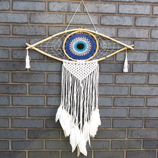 Schutz Traumfänger – große Makramee Evil Eye Blau/Weiß/Schwarz