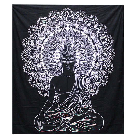 B&W Doppel-Tagesdecke aus Baumwolle + Wandbehang – Buddha