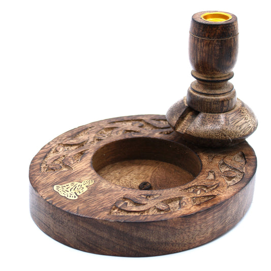 Kleiner Rückflussbrenner aus Mangoholz – Buddha aus Messing