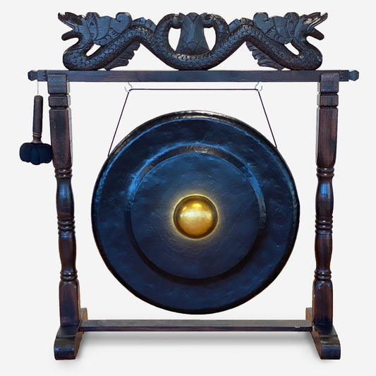 Großer Gong in braunem Antikständer – 80 cm – Schwarz
