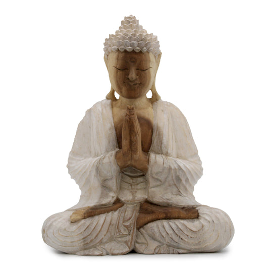 Handgeschnitzte Buddha-Statue – 30 cm Willkommen – Whitewash