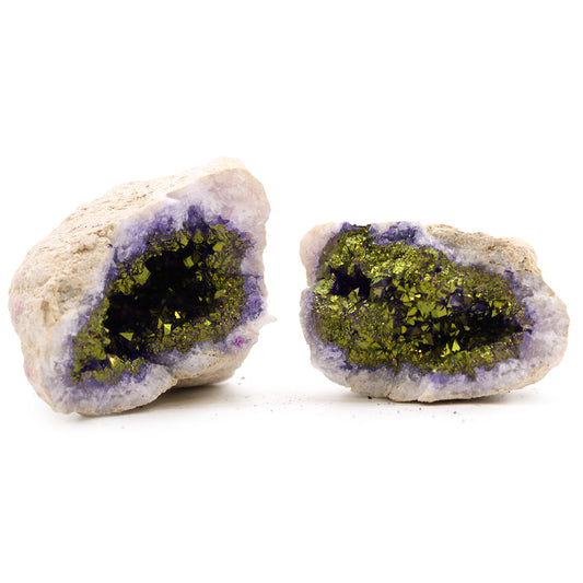 Farbige Calsite-Geoden – Naturgestein – Lila und Gold