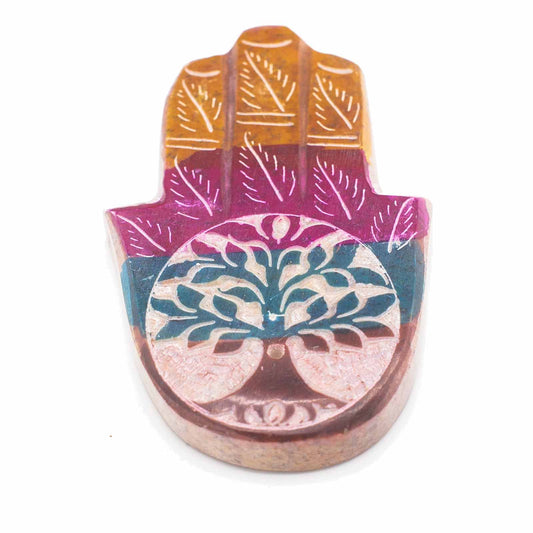 Hamsa-Räucherstäbchenhalter aus Speckstein, 9 x 6 cm – Baum des Lebens