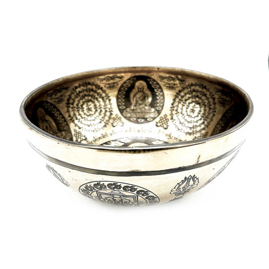 Tibetische Heilschale mit Gravur – 21 cm – 5 Buddhas