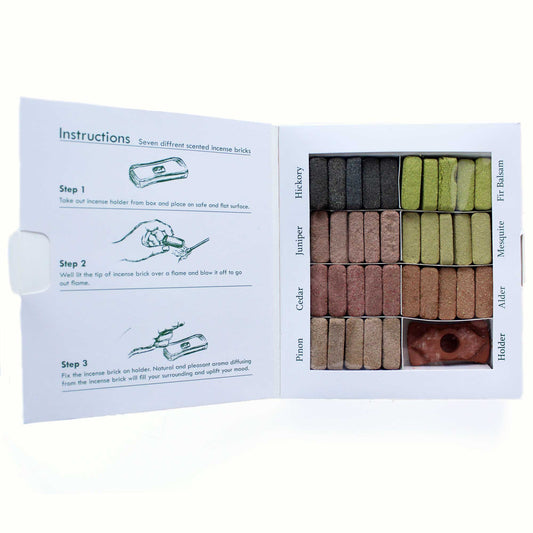 Display-Set mit 70 Räuchersteinen und Brenner – 7 erdige Himalaya-Räucherstäbchen