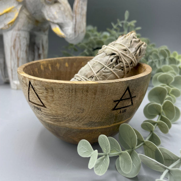 Wooden bowl for incense and ritual offerings – Four Elements – 12 x 7 cm