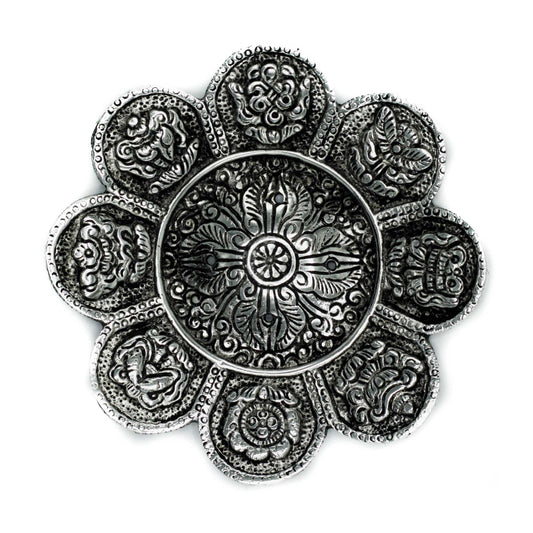 Polierter Aluminium-Räucherstäbchenhalter mit tibetischen Symbolen, 12 cm