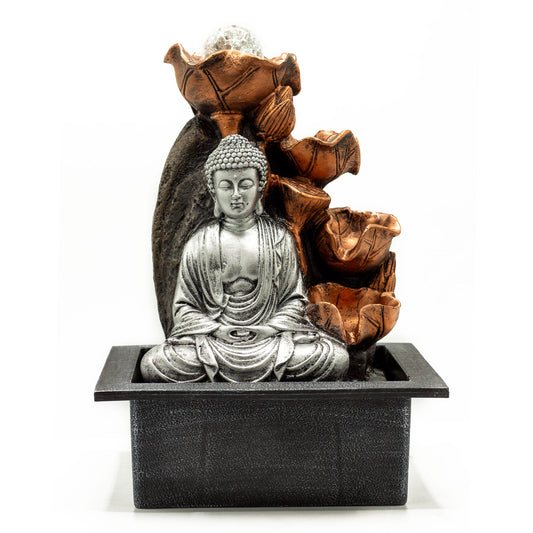 Tisch-Wasserspiel – 35 cm – silberne Buddha-Kaskade und Kristallkugel