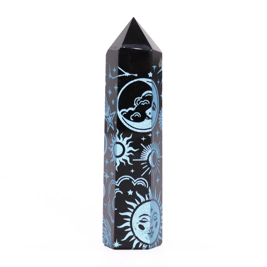 Schwarze Obsidianpunkte (ca. 60–70 g, 9 cm) – Mystic Story – Himmelblau