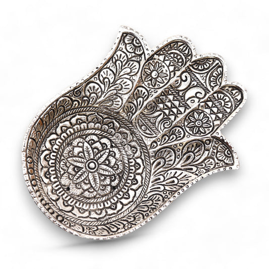 Räucherstäbchenhalter Hamsa aus poliertem Aluminium, groß, 18 x 13 cm