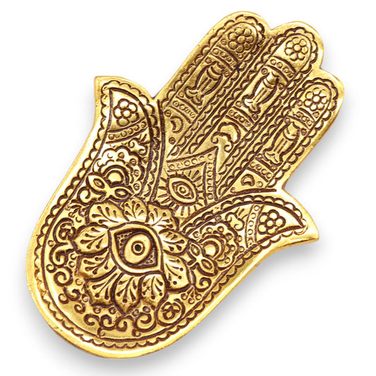 Kleiner Hamsa-Räucherstäbchenhalter aus goldenem Aluminium, 13 x 5,5 cm