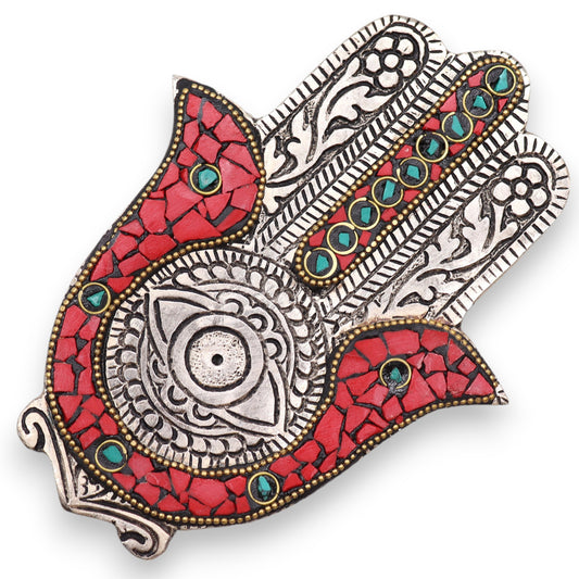Kleiner Hamsa-Räucherstäbchenhalter in Rot und Grün, 13 x 5,5 cm