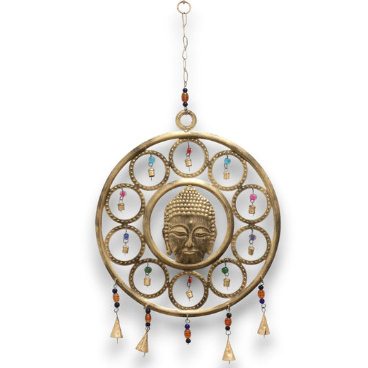 Indisches Glockenspiel – großes Buddha-Gesicht, 15 Glockenspiele – 36 cm