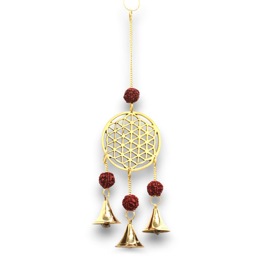 Indisches Glockenspiel – Messingblume des Lebens mit Rudraksha-Perlen – 3 Glocken – 6 x 27 cm