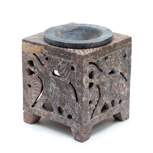 Quadratischer Ölbrenner aus Speckstein, 10 x 7,5 cm – Elefant