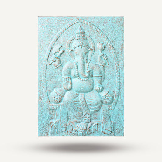 Großer Ganpati-Eisenrahmen, türkisfarbenes Relief – 0,7 x 1 m