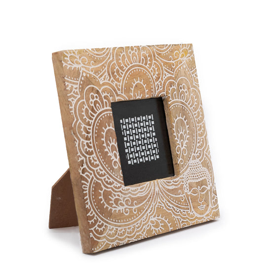 Kleiner Bilderrahmen aus Mangoholz (für 10 x 15 cm), 20 x 20 x 2 cm – Buddha – Weiß