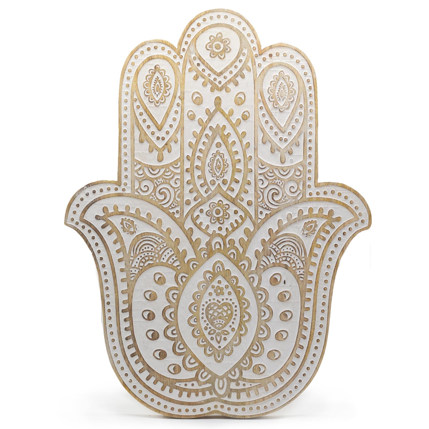 Hamsa wall plaque made of mango wood, whitewashed, 52 cm