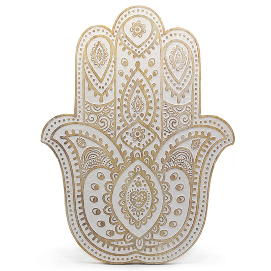 Hamsa wall plaque made of mango wood, whitewashed, 52 cm