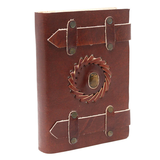 Leather tiger eye notebook with belt, 15 x 10 cm