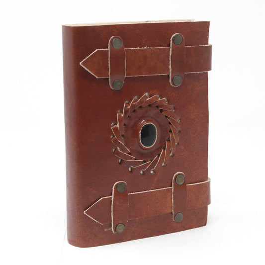 Black onyx leather notebook with belt, 15 x 10 cm