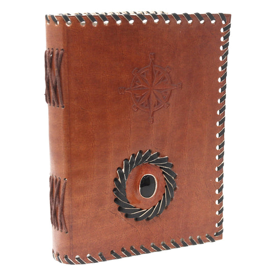 Leather notebook with black onyx and compass, 17 x 12 cm