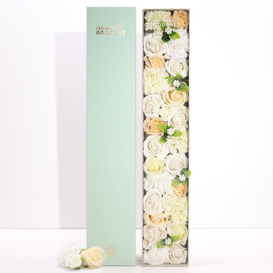 Seifenblumen-Geschenkbox – Wedding Blessings White & Ivory (Lange Box)