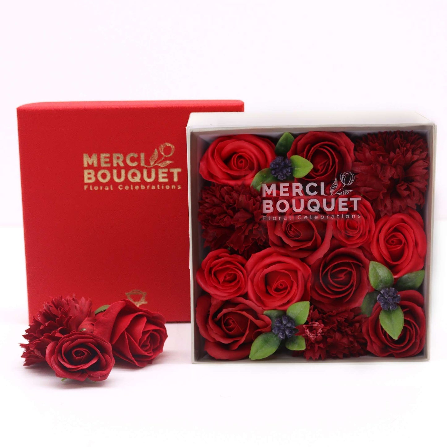 Seifenblumen-Geschenkbox – Classic Red Roses (Quadrat Box)