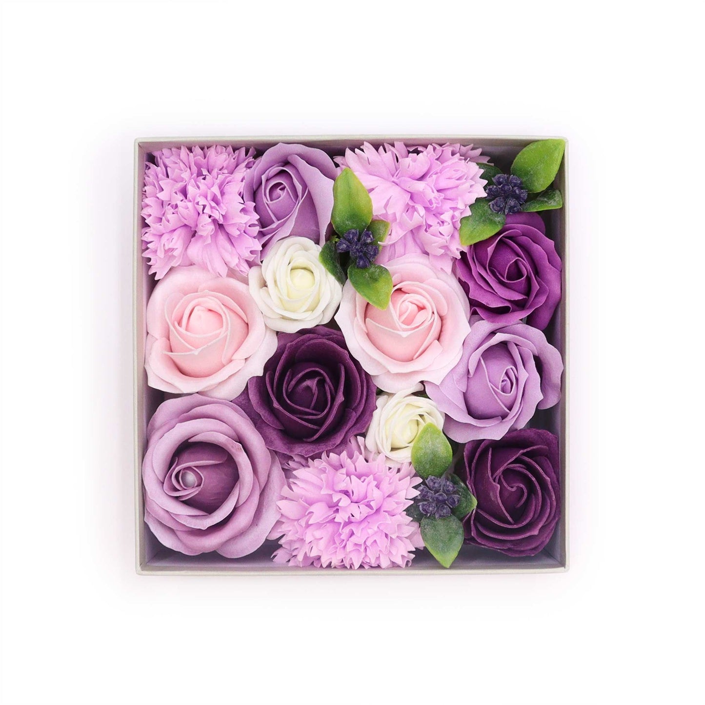 Seifenblumen-Geschenkbox – Lavender Rose & Carnation (Quadrat Box)