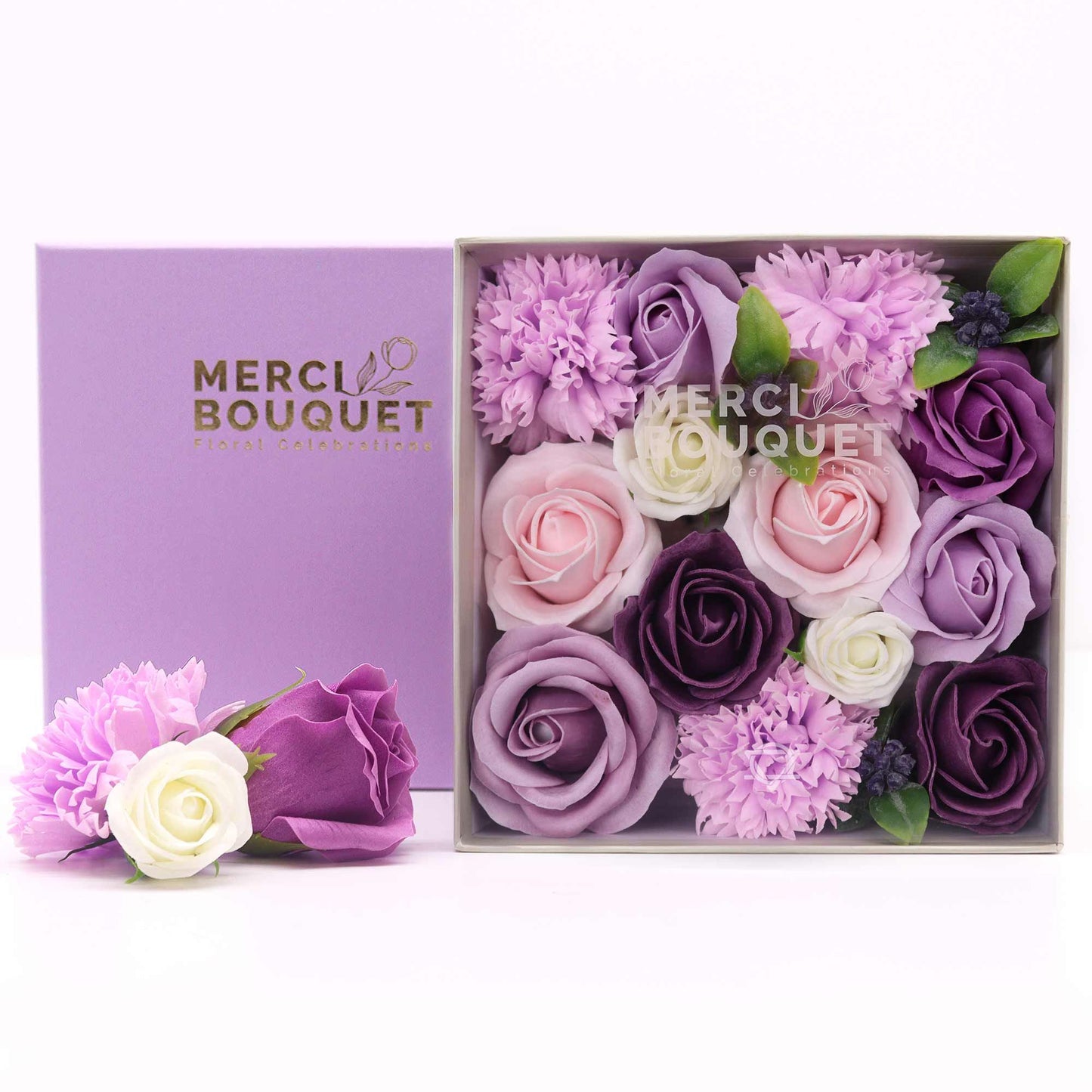 Seifenblumen-Geschenkbox – Lavender Rose & Carnation (Quadrat Box)