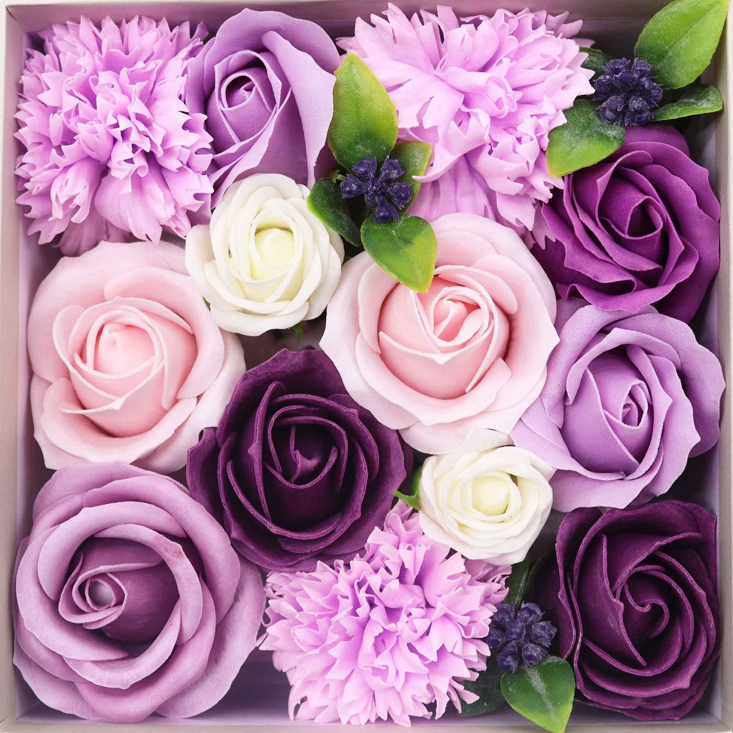 Seifenblumen-Geschenkbox – Lavender Rose & Carnation (Quadrat Box)