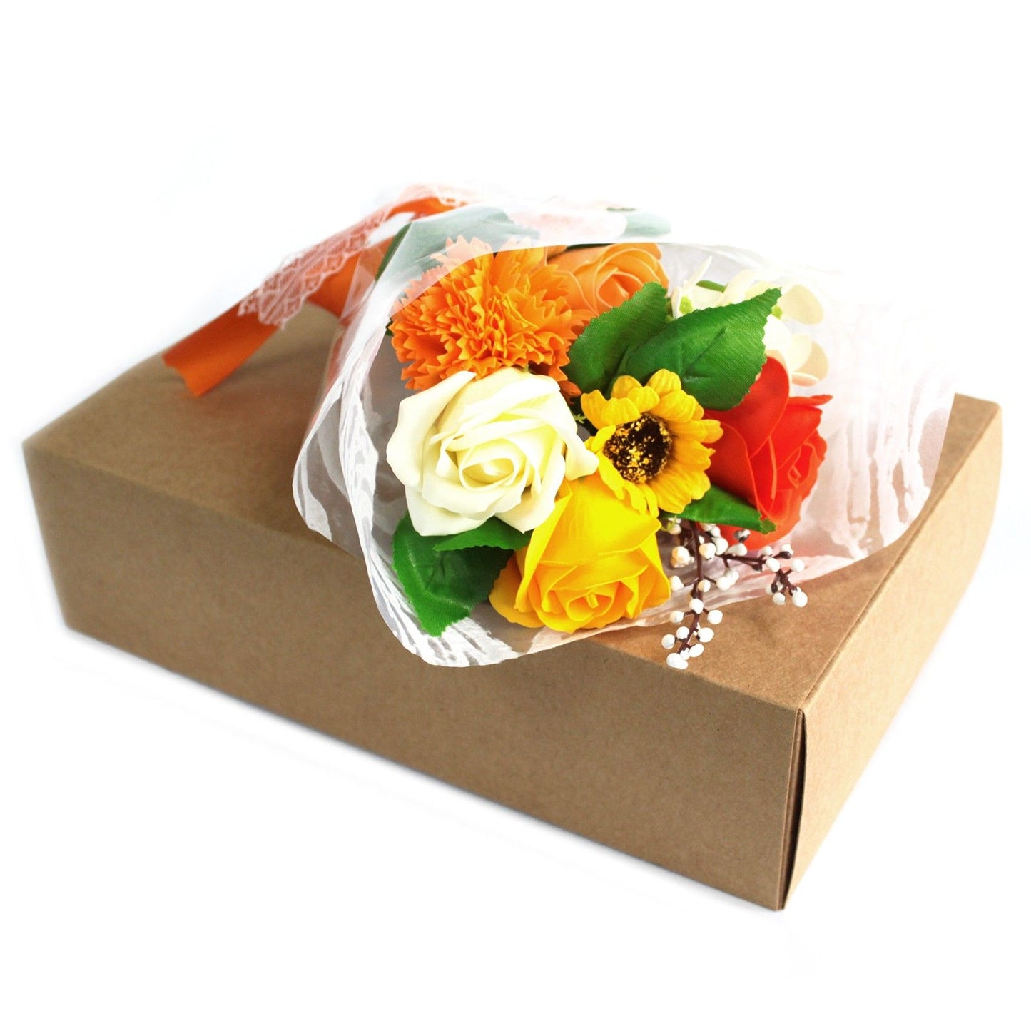 Seifenblumen-Geschenkstrauß - Orange & Weiß