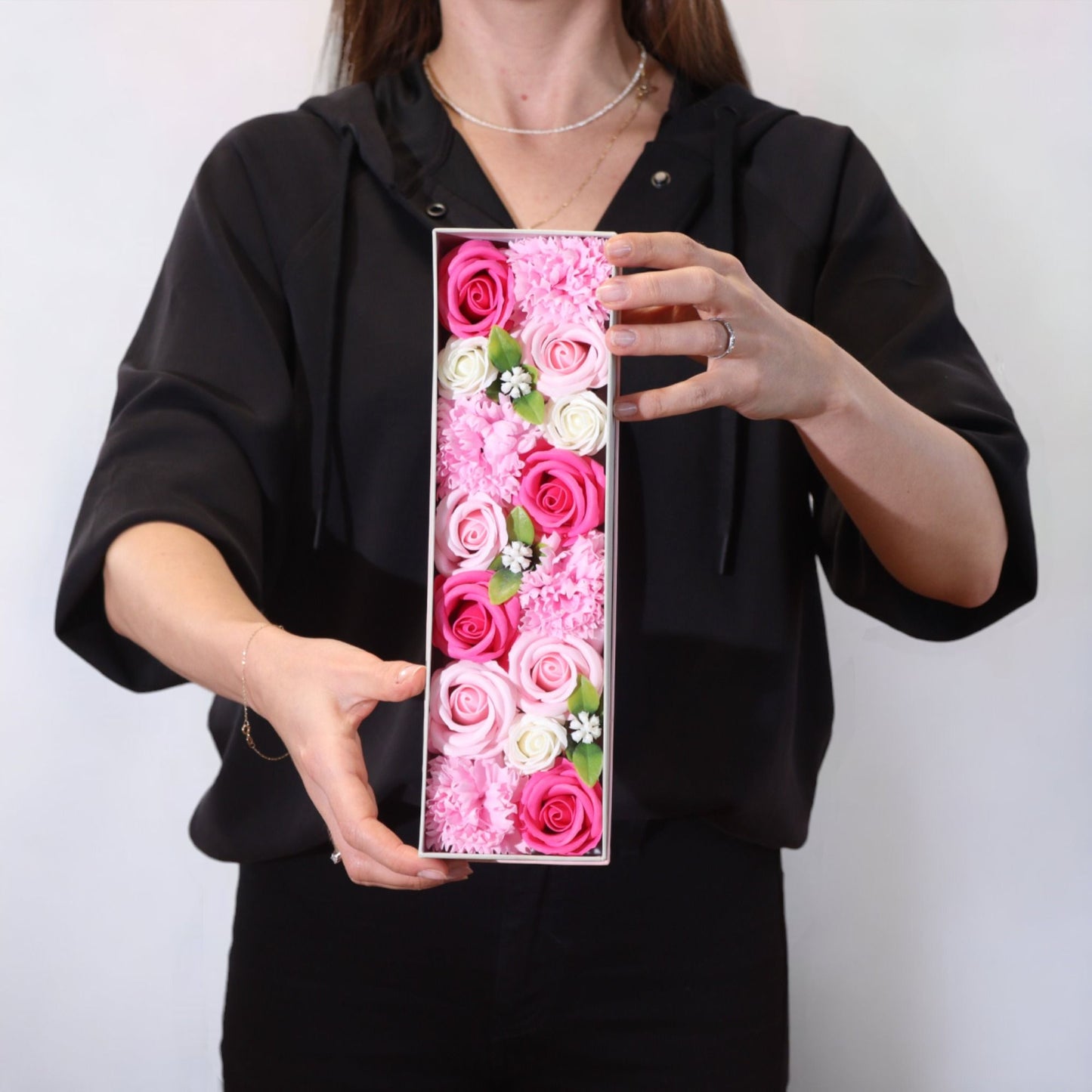 Seifenblumen-Geschenkbox – Baby Blessings Pink (Lange Box)